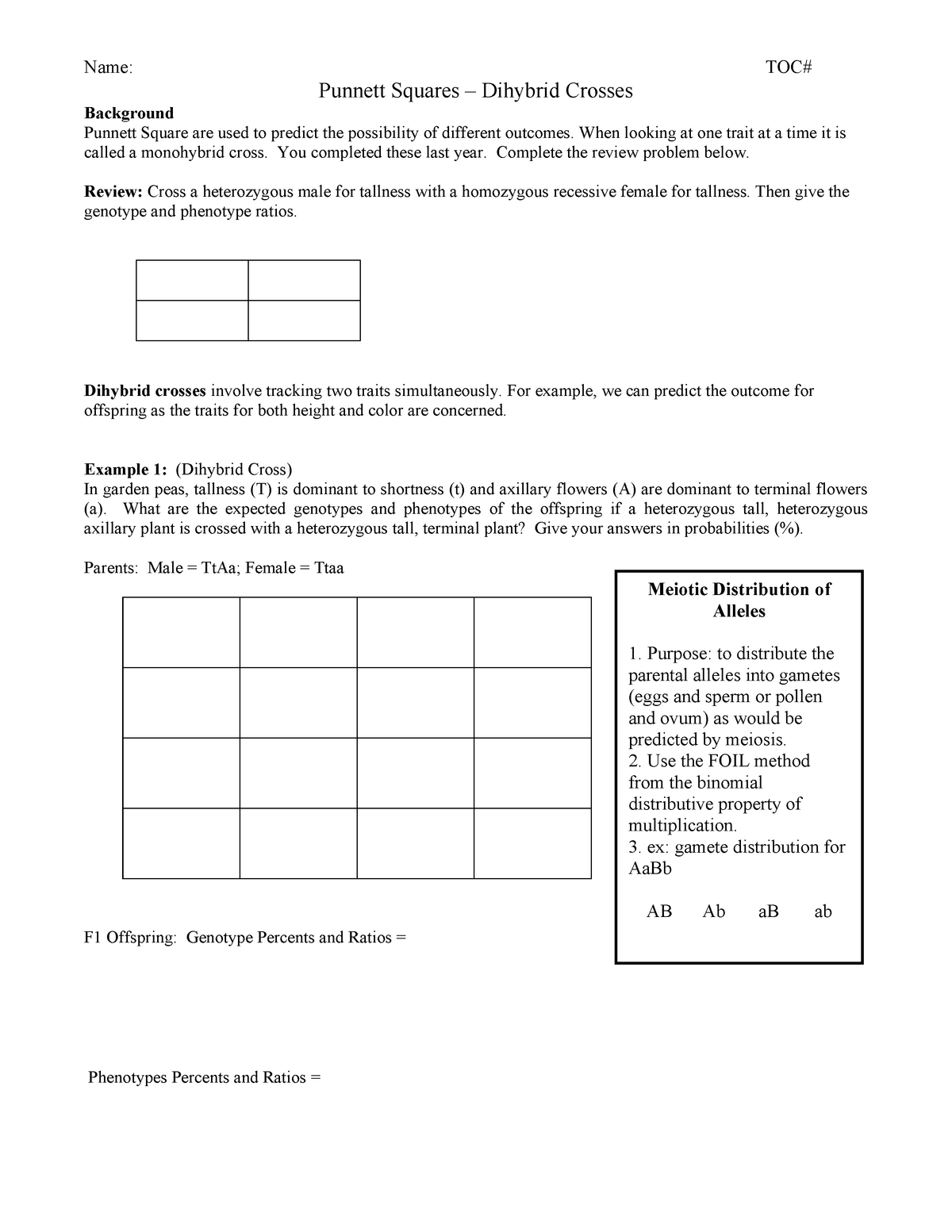 Dihybrid Practice - Name: TOC# Punnett Squares – Dihybrid Crosses For Punnett Square Practice Worksheet Answers