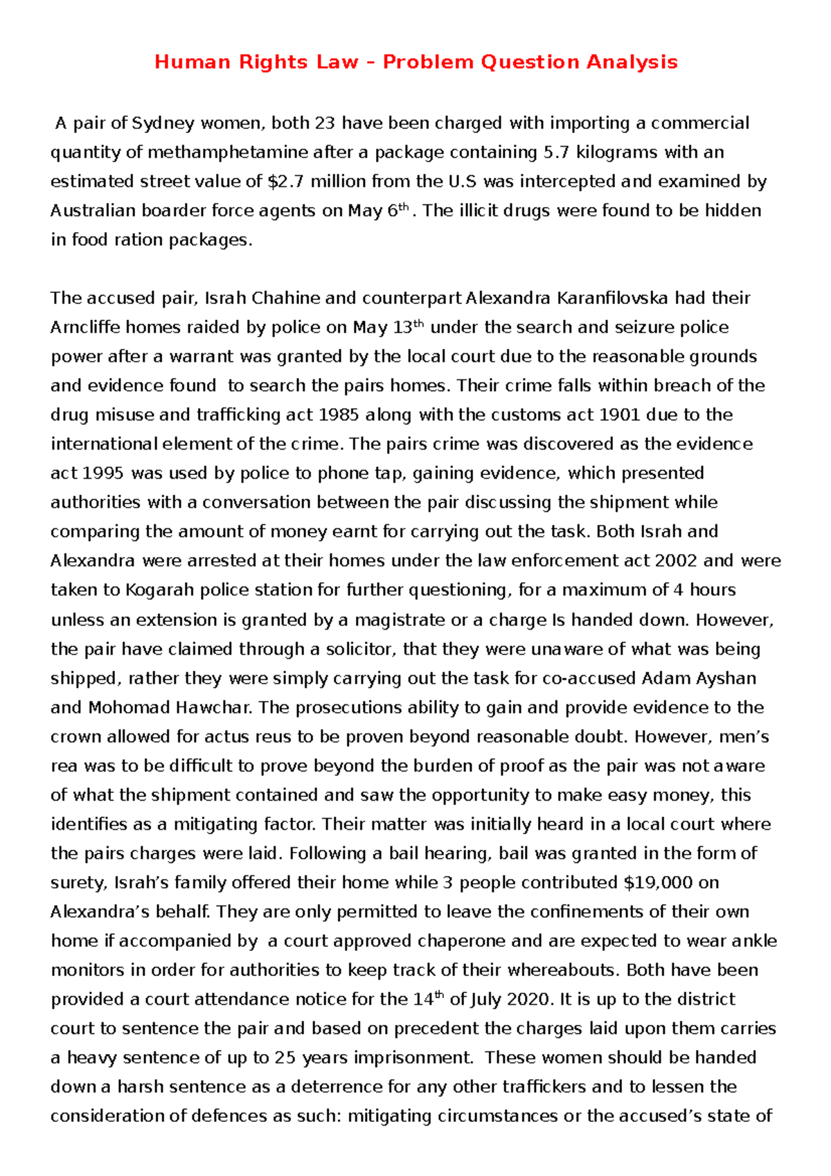 Human Rights Law:Criminal Law: Family Law - Problem Question Analysis ...