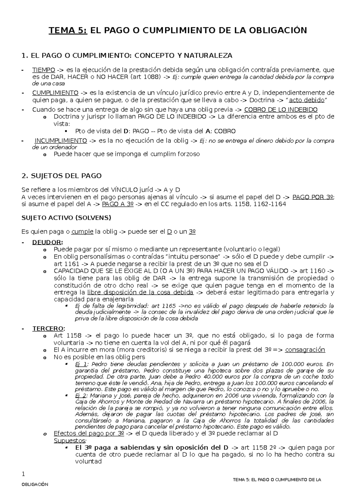 Tema 5 Obligaciones - TEMA 5: EL PAGO O CUMPLIMIENTO DE LA OBLIGACIÓN 1 ...