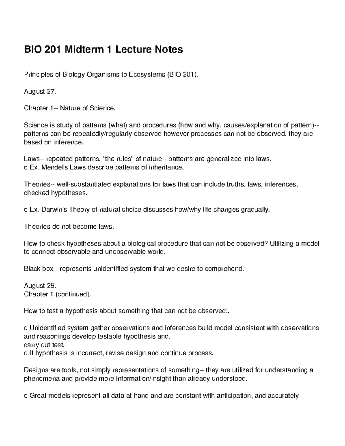 Biology Chemistry 201 - Midterm - 1 - Lecture Notes - BIO 201 Midterm 1 ...