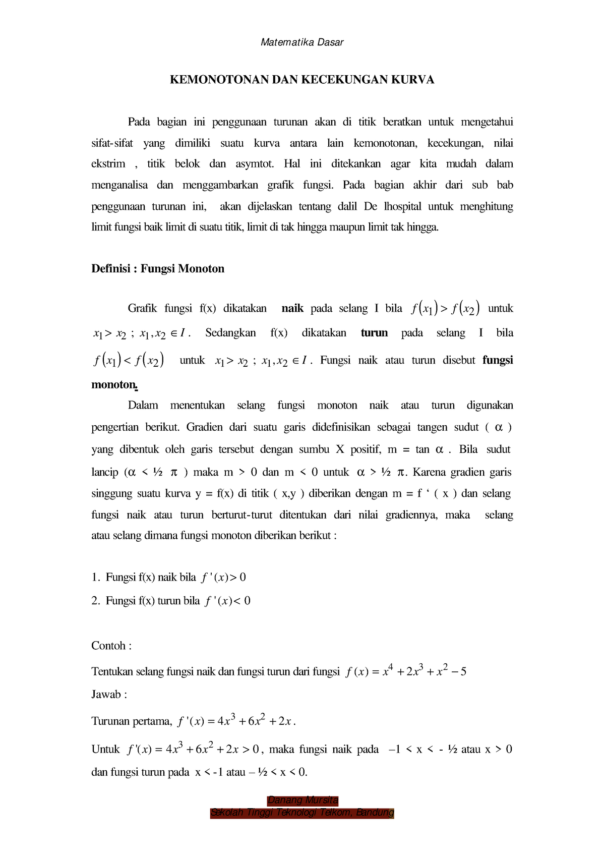 Kemonotonan Kurva - Matematika Dasar Danang Mursita Sekolah Tinggi ...