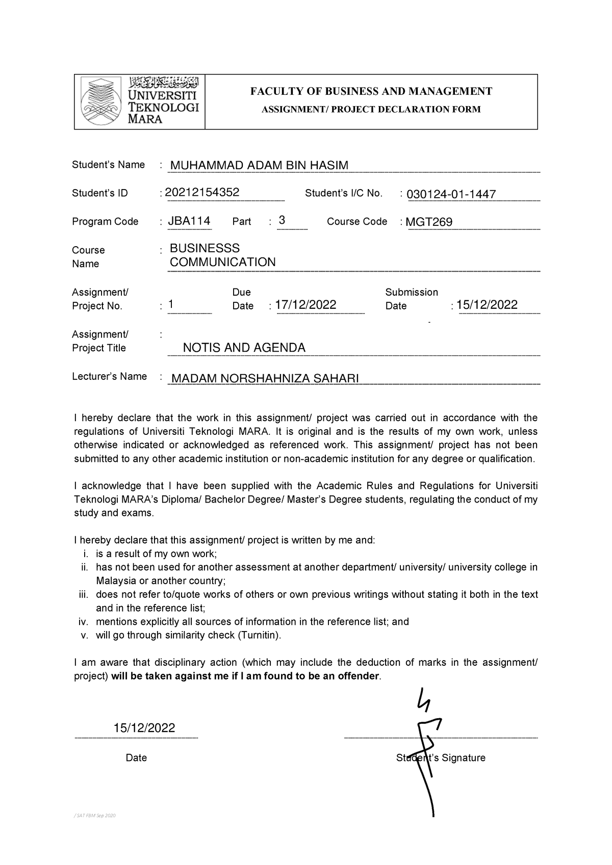 ADAM - declaration form mgt - / SAT FBM Sep 2020 Student’s Name ...