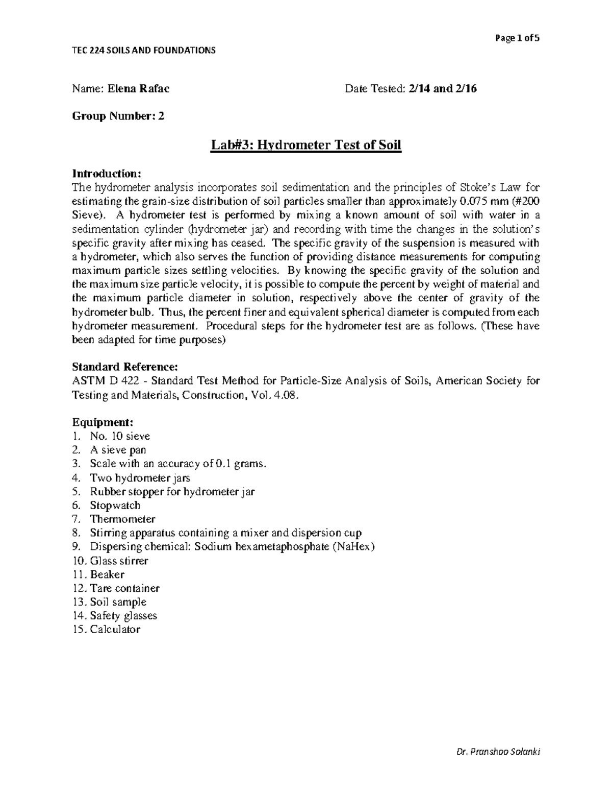 Lab 3 Hydrometer Test of Soil TEC 224 SOILS AND FOUNDATIONS Name