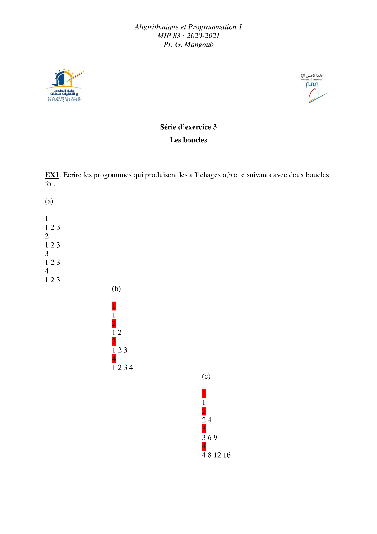 Série 3 - Algorithme Et Analyse Numérique - Pr. G. Mangoub Les Boucles ...