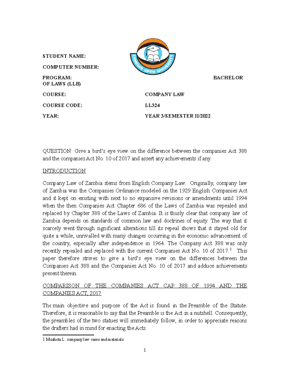 Company LAW Assignment II - STUDENT NAME: COMPUTER NUMBER: PROGRAM ...