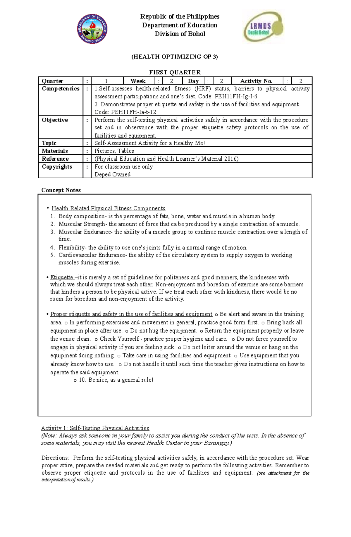 PE 12 LAS WEEK 2 - Physical Education - Department of Education ...
