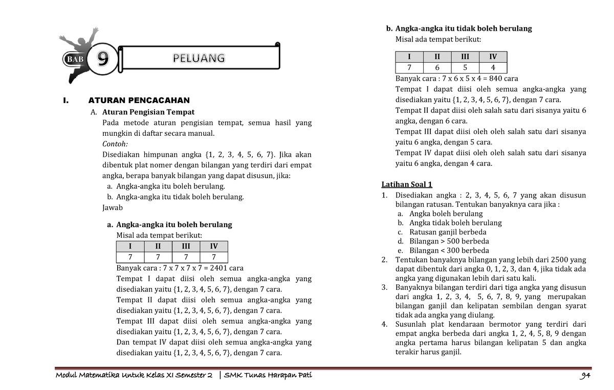 7. Peluang - Test - I. ATURAN PENCACAHAN A. Aturan Pengisian Tempat ...