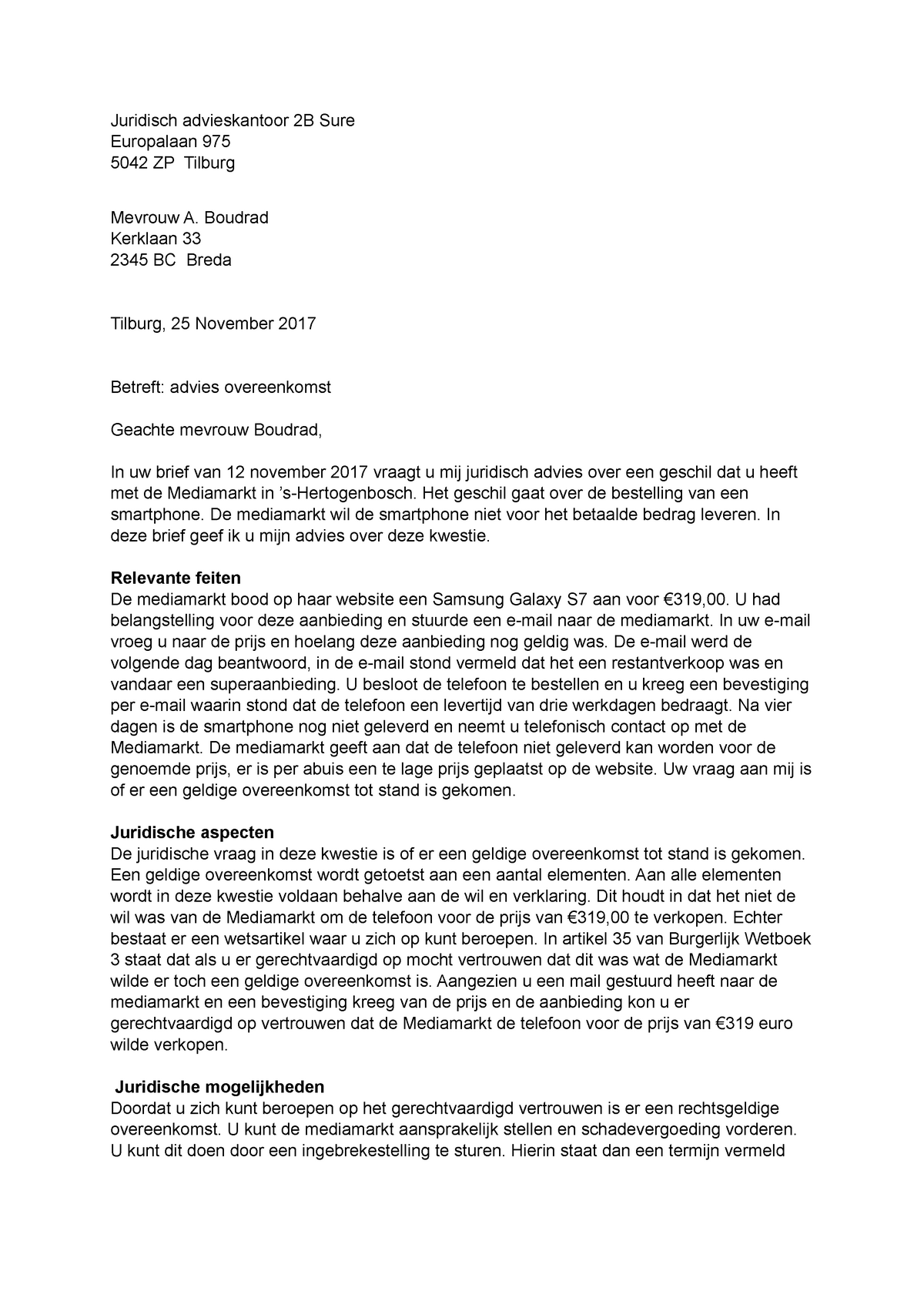 Adviesbrief 2 Samenvatting Juridische Schrijfvaardigheden 1 De Brief