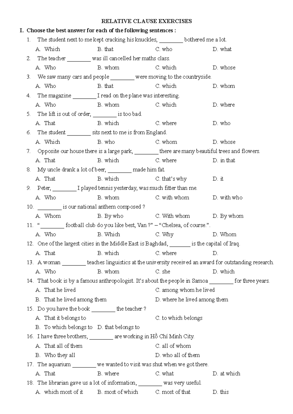 Bai tap ve menh de quan he rat hay - RELATIVE CLAUSE EXERCISES I ...