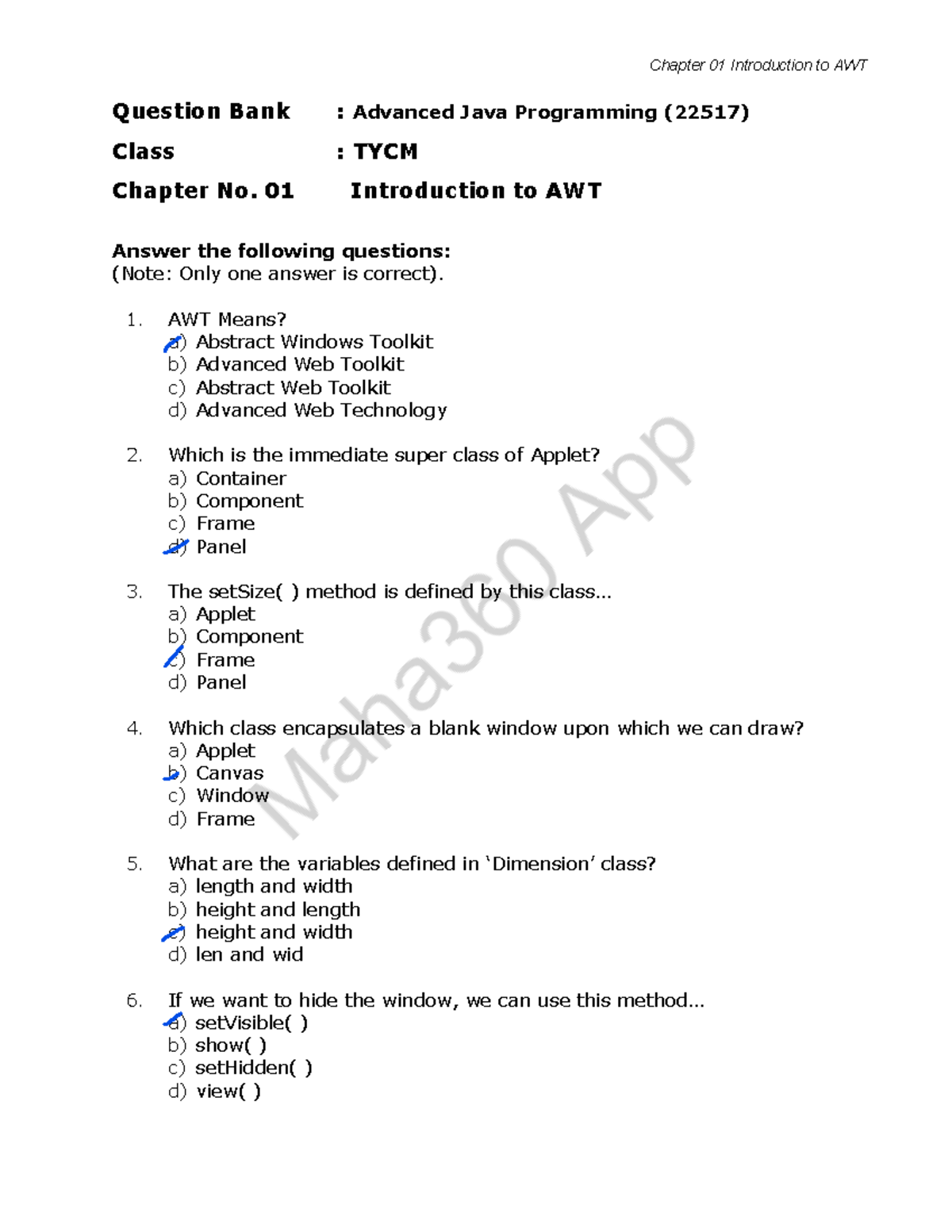 Advance Java MCQ Ch1 - Sss - Chapter 01 Introduction To AWT Question ...