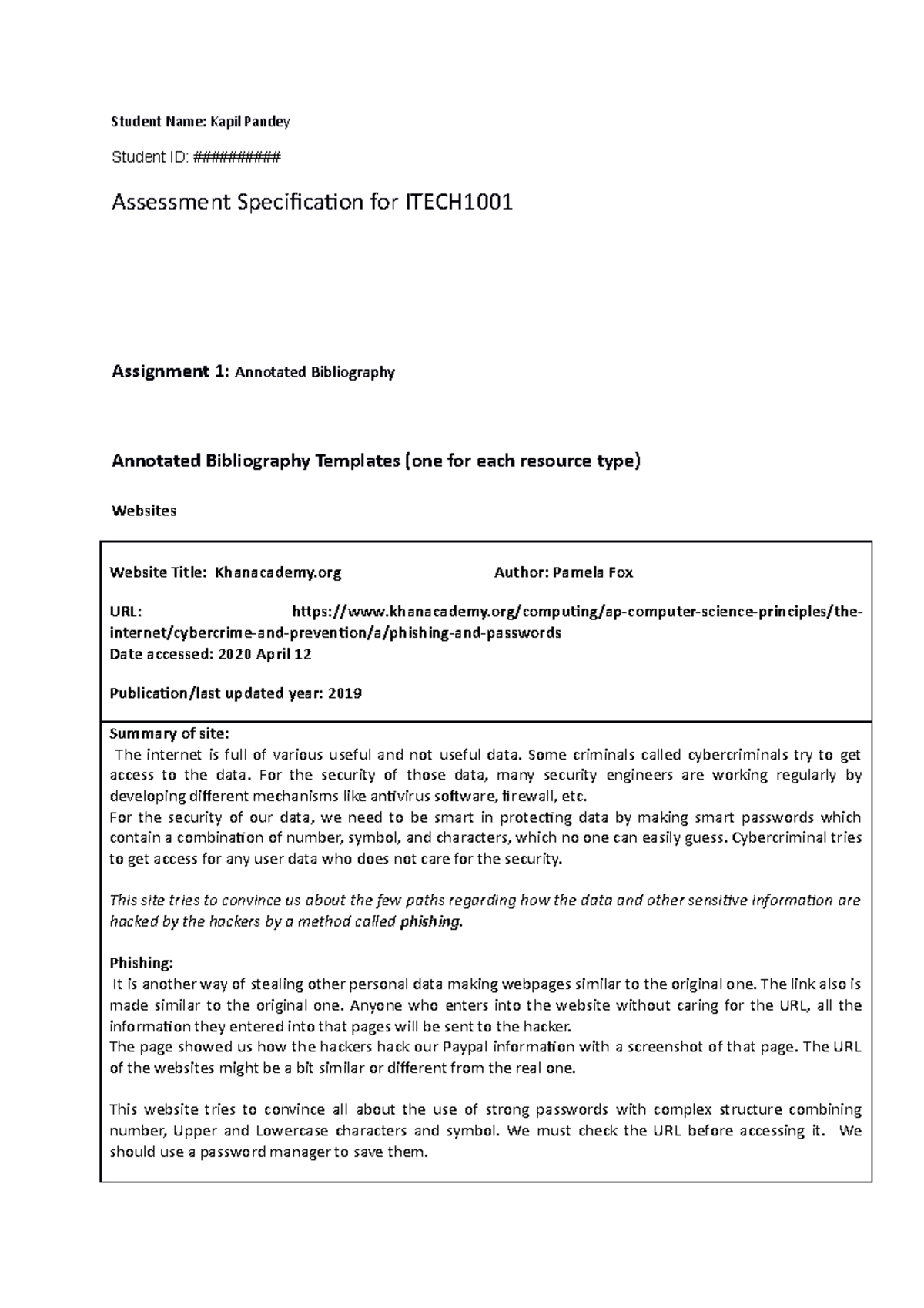 ANNOTED BIBLIOGRAPHY- ASSIGNMENT 1 - Student Name: Kapil Pandey Student ...