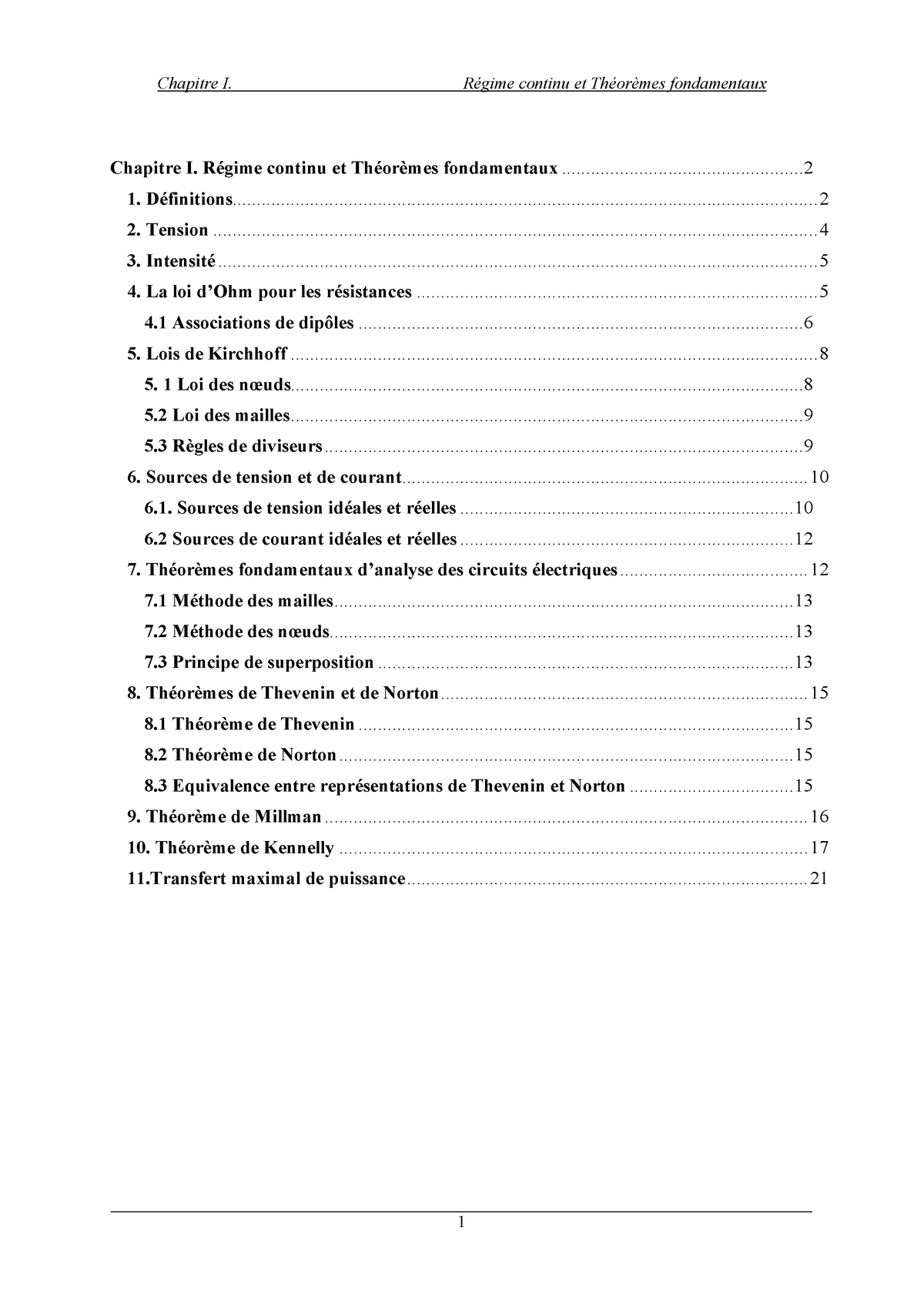 Chapitre I - Régime Continu Et Théorèmes Fondamentaux - Chapitre I ...