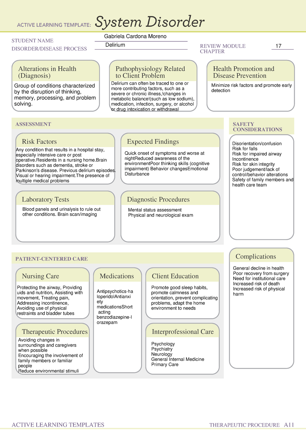 System Disorder form Delirium - STUDENT NAME DISORDER/DISEASE PROCESS ...