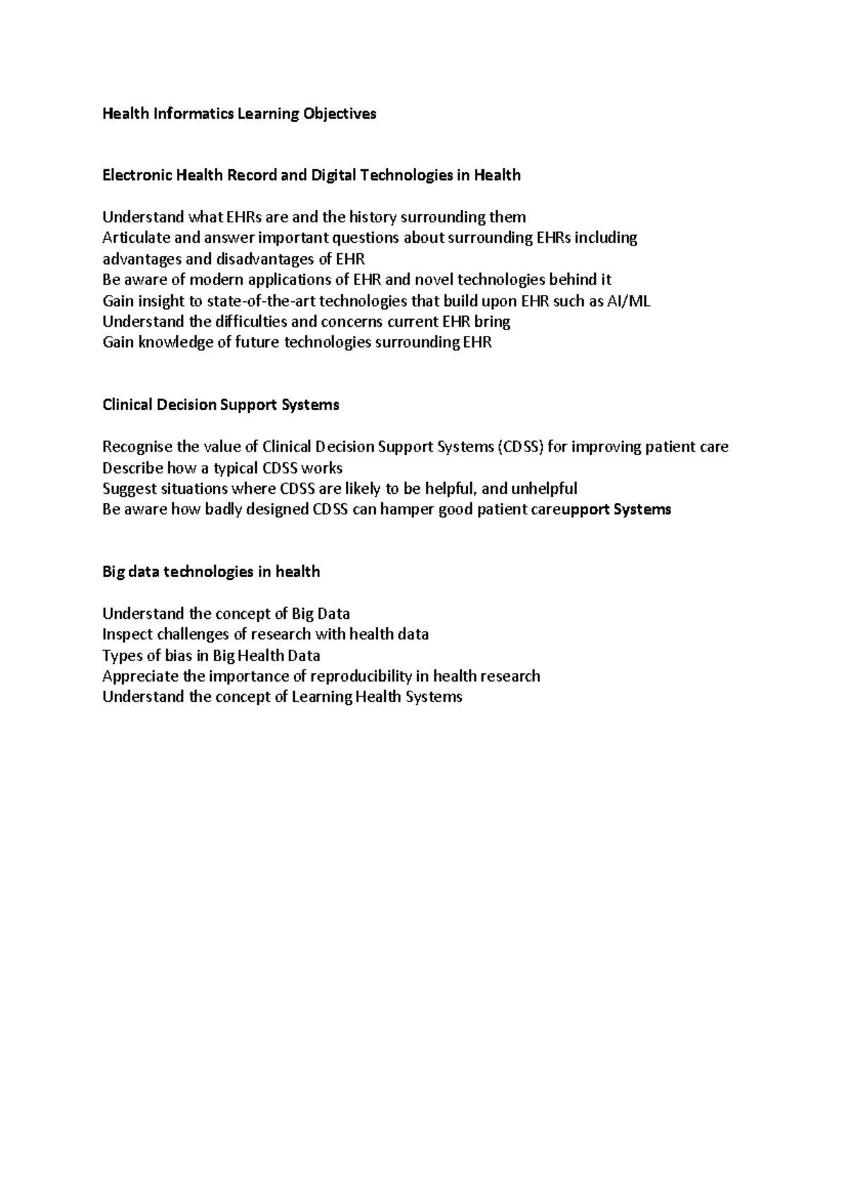 Health Informatics Learning Objectives - Health Informatics Learning ...