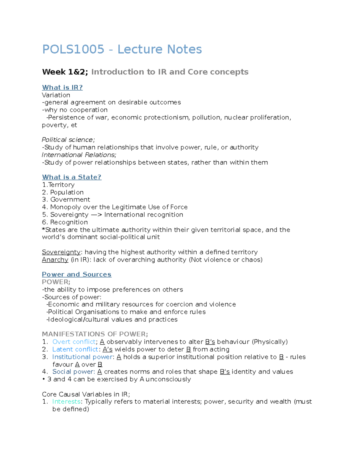 Pols1005; international relations weekly lecture notes - POLS1005 ...