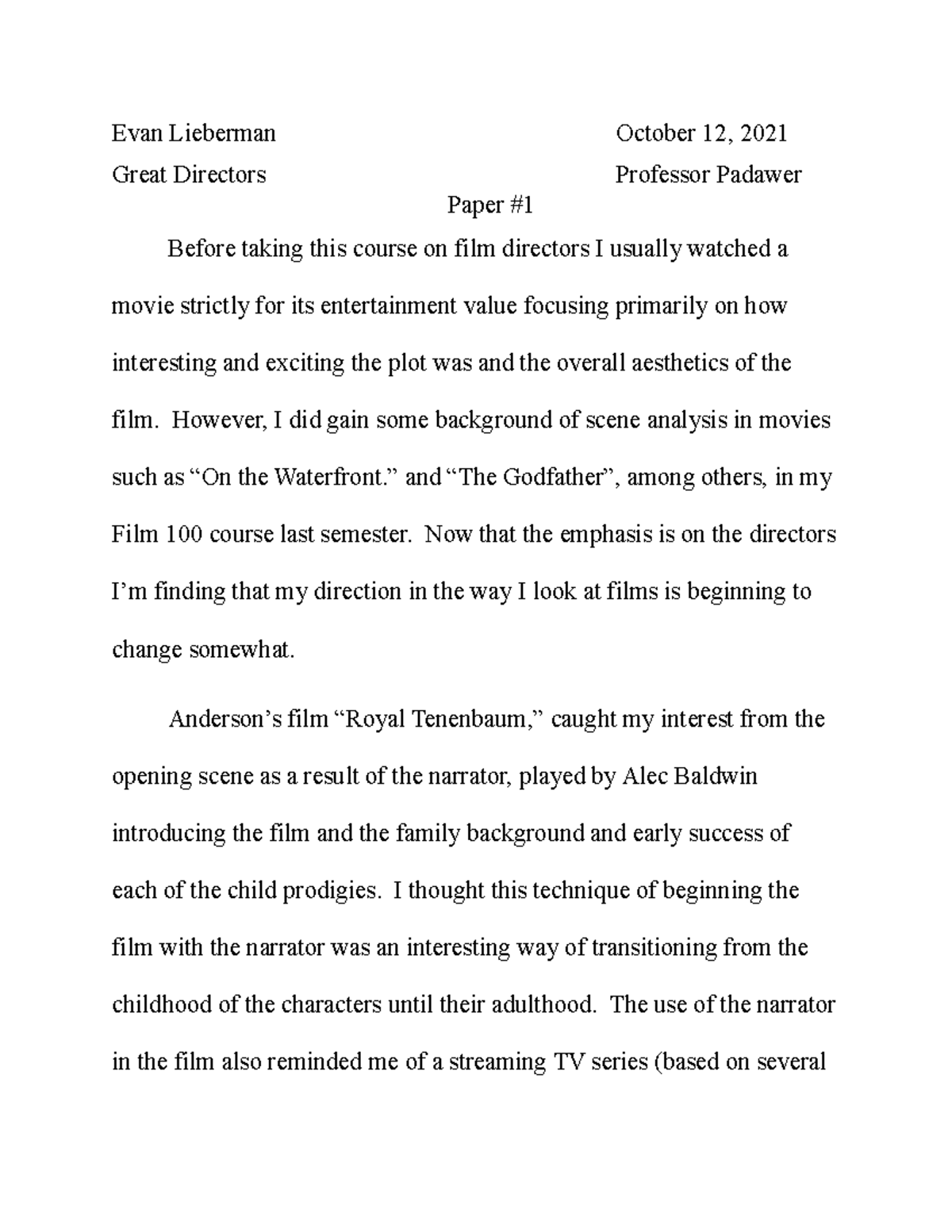Film Padawer paper 1 Compare 3 directors - Evan Lieberman October 12 ...