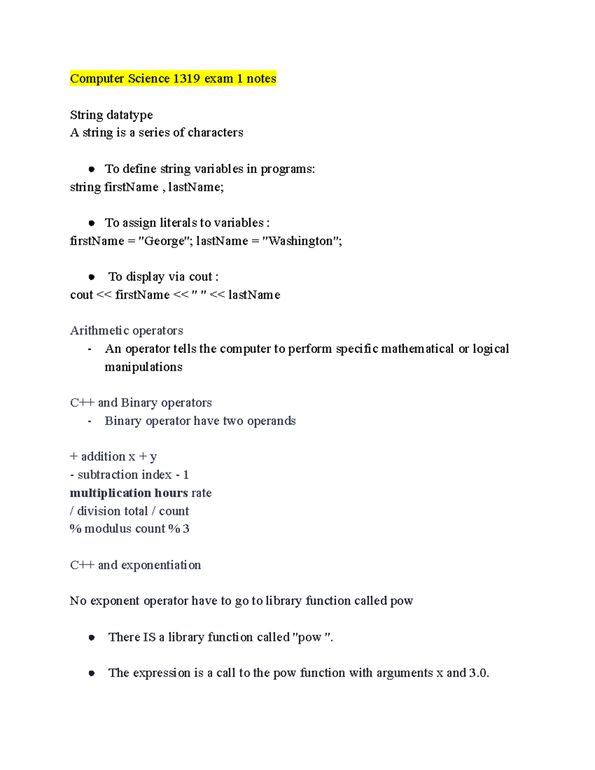 Computer Science 1319 exam 1 notes - Computer Science 1319 exam 1 notes ...