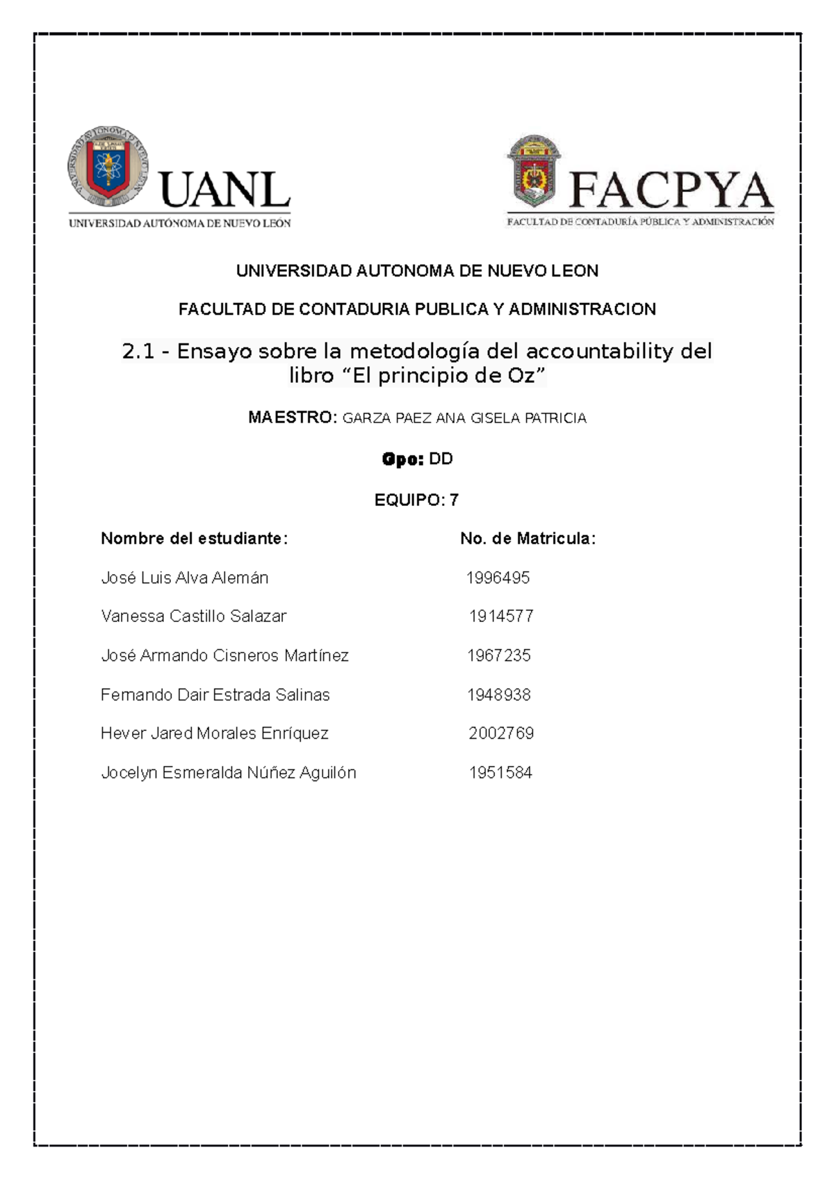 Evidencia 2 Co Equipo 7 Tarea De Una Maestra Universidad Autonoma De Nuevo Leon Facultad De 7778