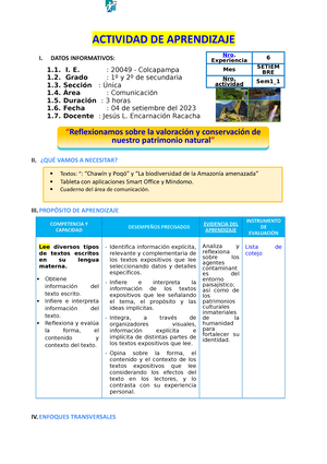 Activ Aprend 1 Exp 6 1º Y 2º - ACTIVIDAD DE APRENDIZAJE I. DATOS ...