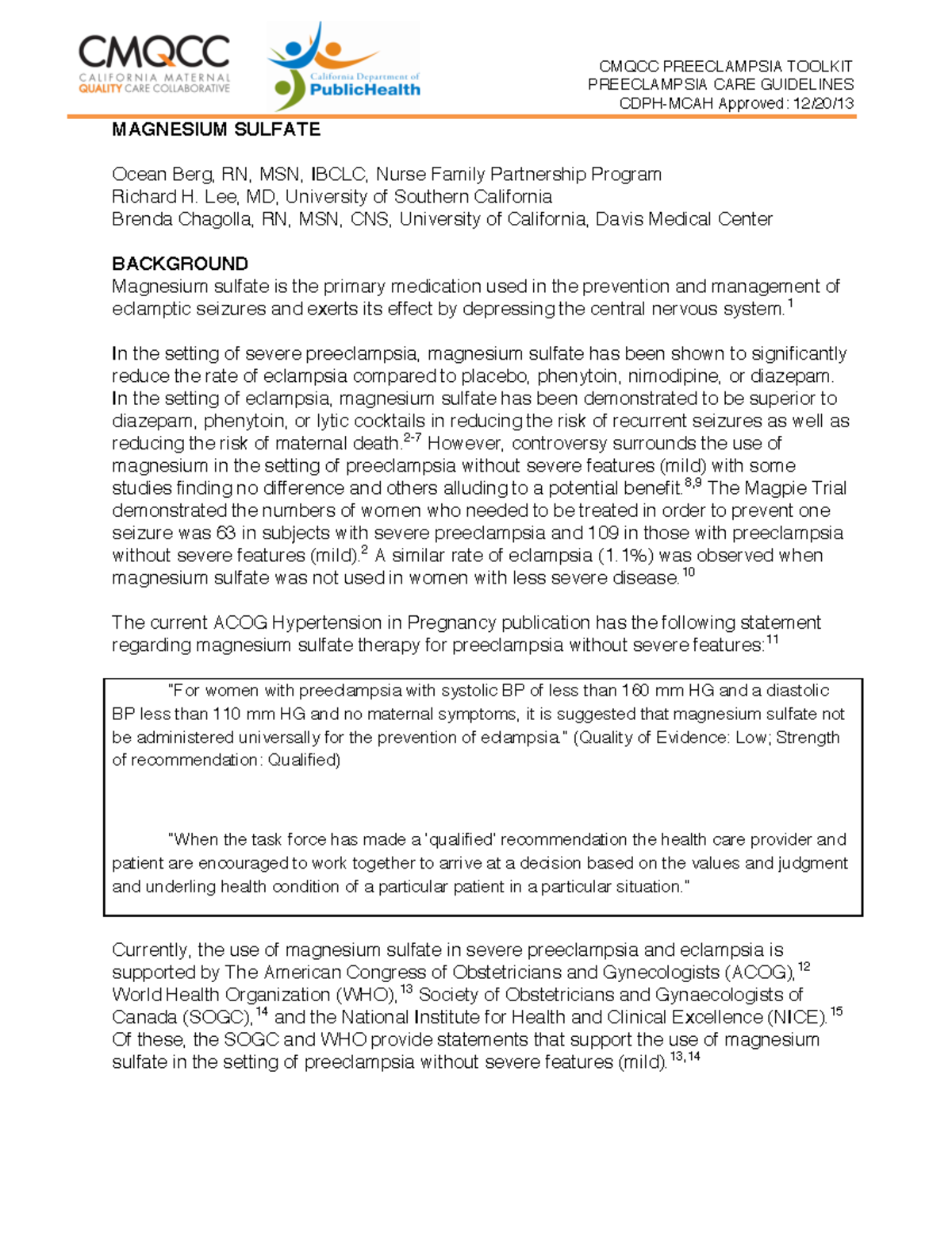 Magnesium Sulfate mag PREECLAMPSIA CARE GUIDELINES CDPHMCAH