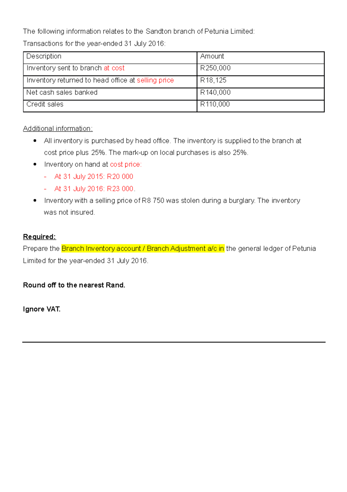 Branch ACS Class EX C 1 Exercises and solutions for accounting 1A