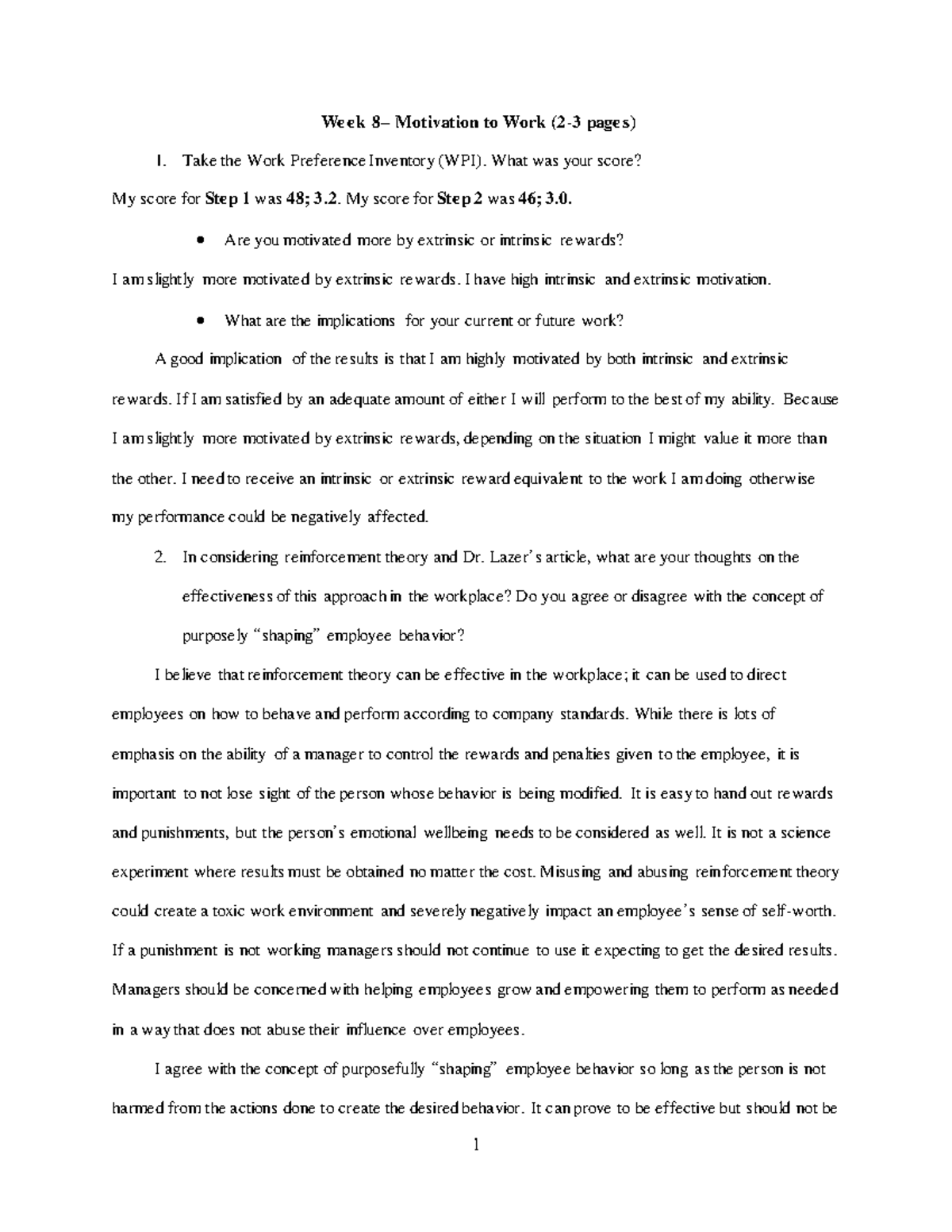 Week 8 Motivation - We e k 8– Motivation to Work (2-3 page s ) Take the ...