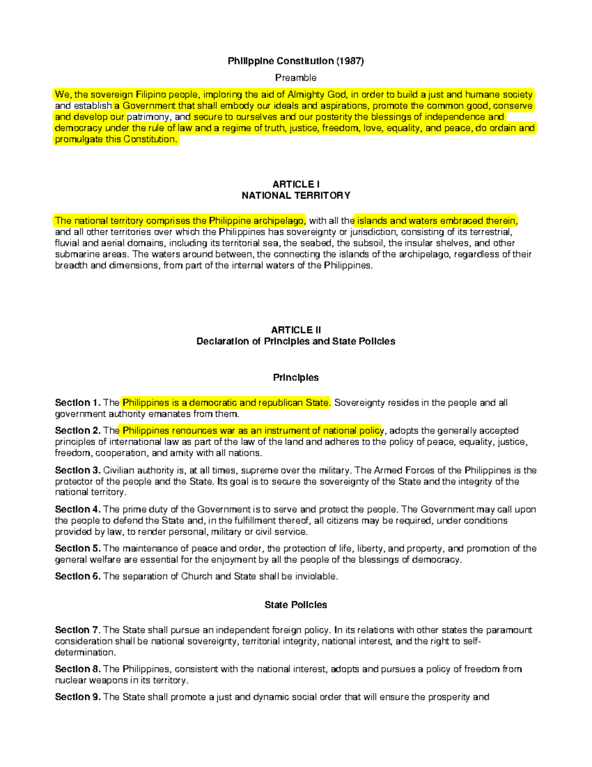 1987 Philippine Constitution Highlighted Philippine Constitution 