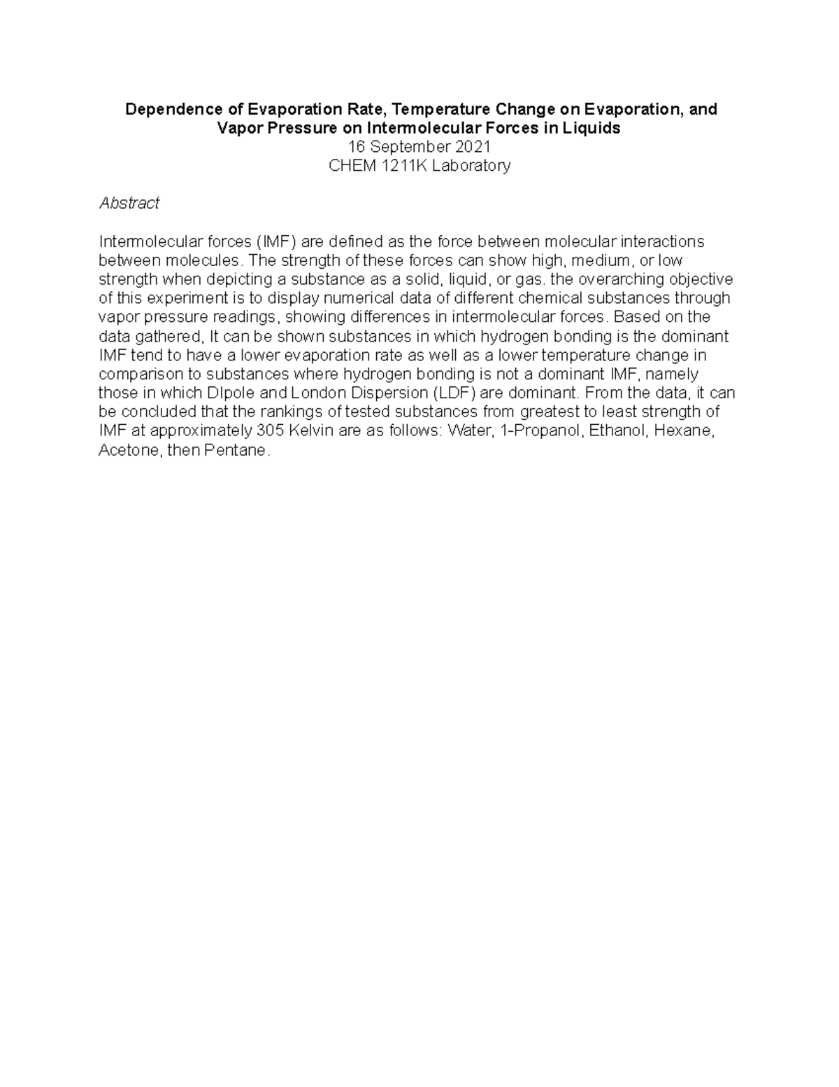 Abbreviated Report Intermolecular Forces (1211K) Dependence of