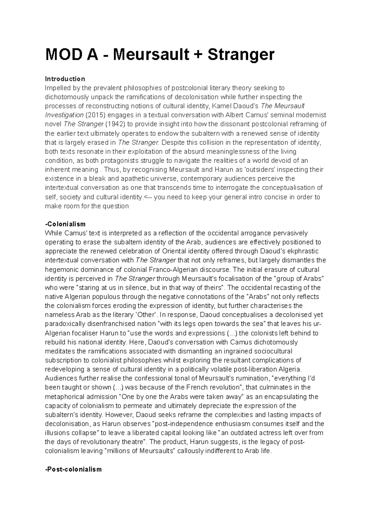 Individual English - MOD A - Meursault + Stranger Introduction Impelled ...