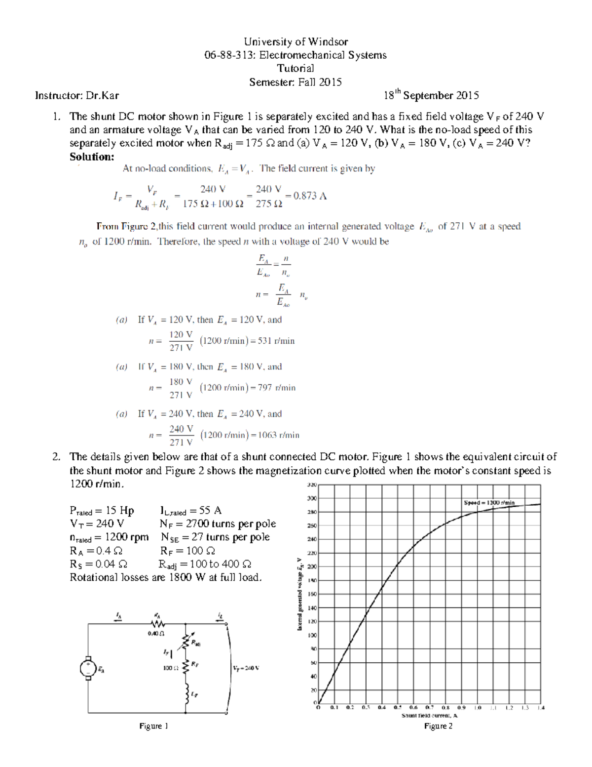 Tutorial 2 DC Machines Solution - University of Windsor 06-88-313 ...