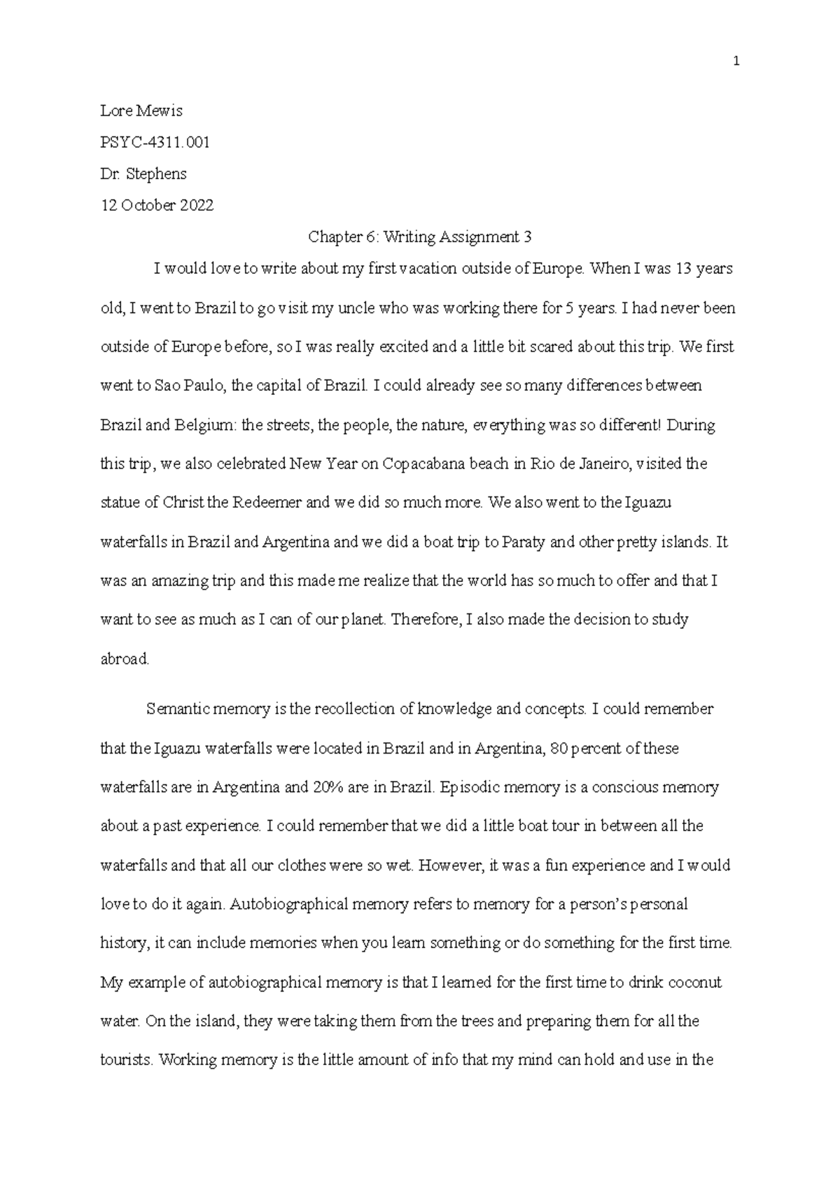 Chapter 6 writing assignment 3 - 1 Lore Mewis PSYC-4311. Dr. Stephens ...