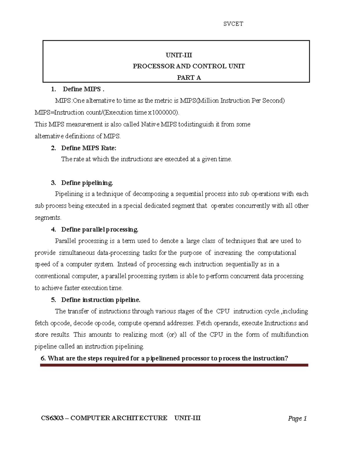 QB106613 - vvvvvvvvvvvvvvv - UNIT-III PROCESSOR AND CONTROL UNIT PART A ...