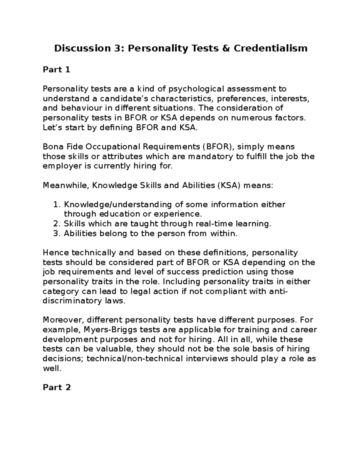 Discussion 3 - The consideration of personality tests in BFOR or KSA ...