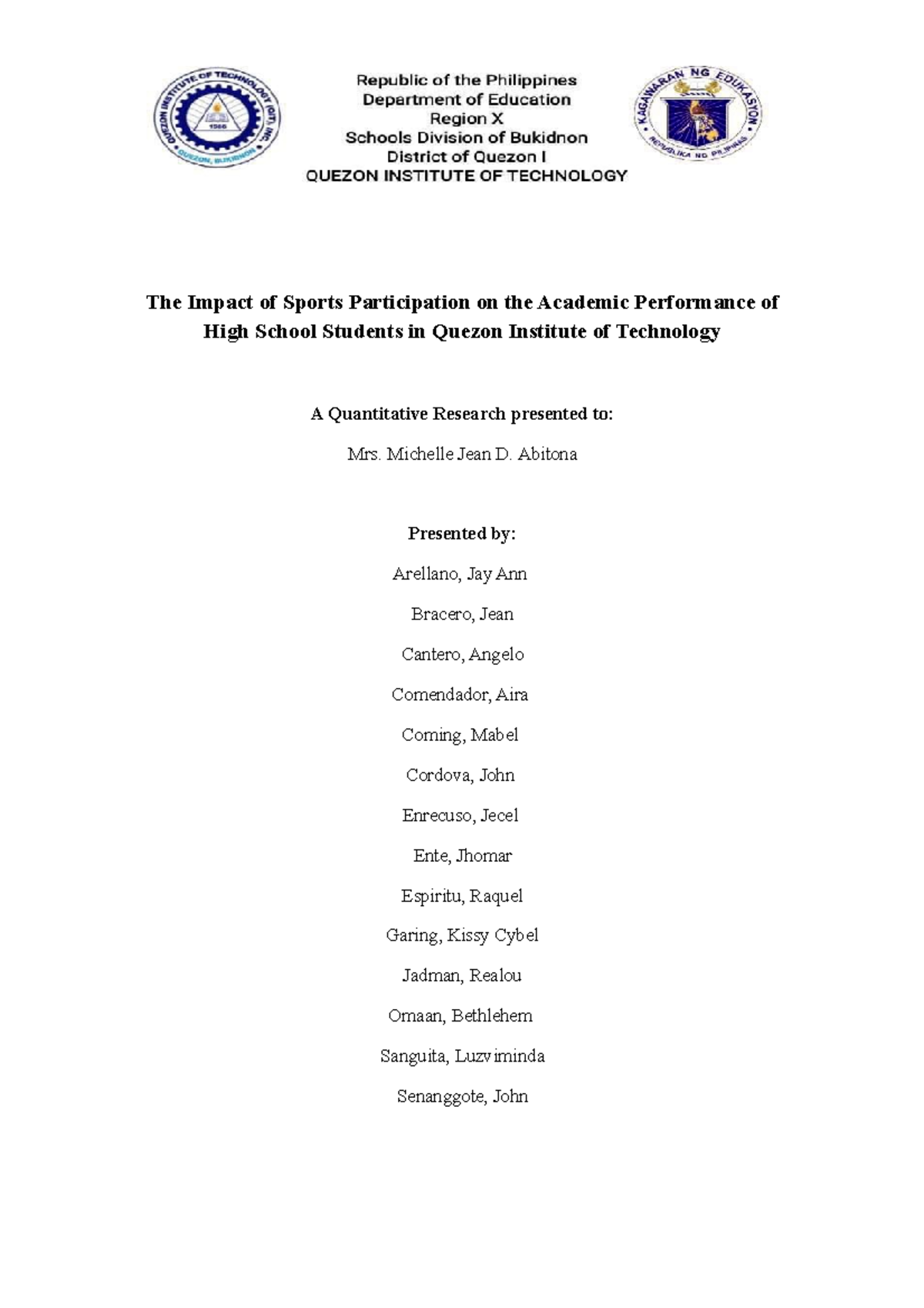 Research Final - no description - The Impact of Sports Participation on ...