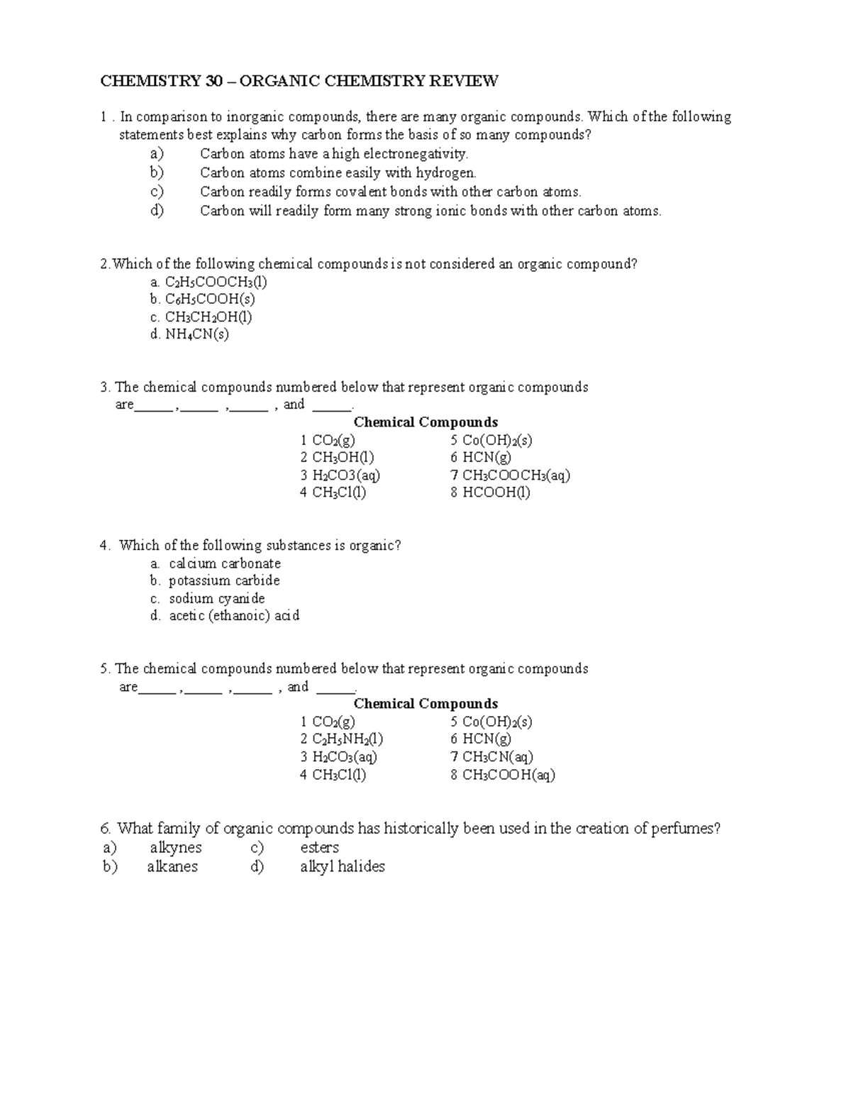 Chemistry 30 – Organic Chemistry Review with ANS KEY - CHEMISTRY 30 ...