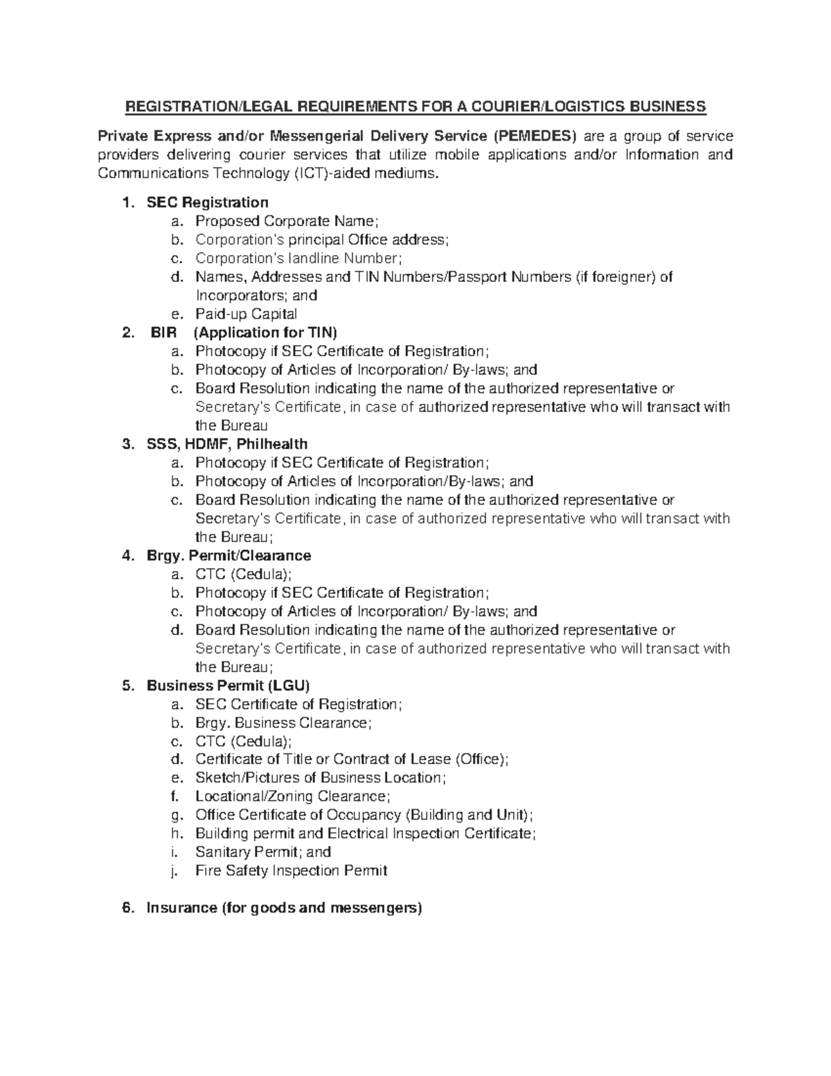 PemedesLegalRequirements REGISTRATION/LEGAL REQUIREMENTS FOR A