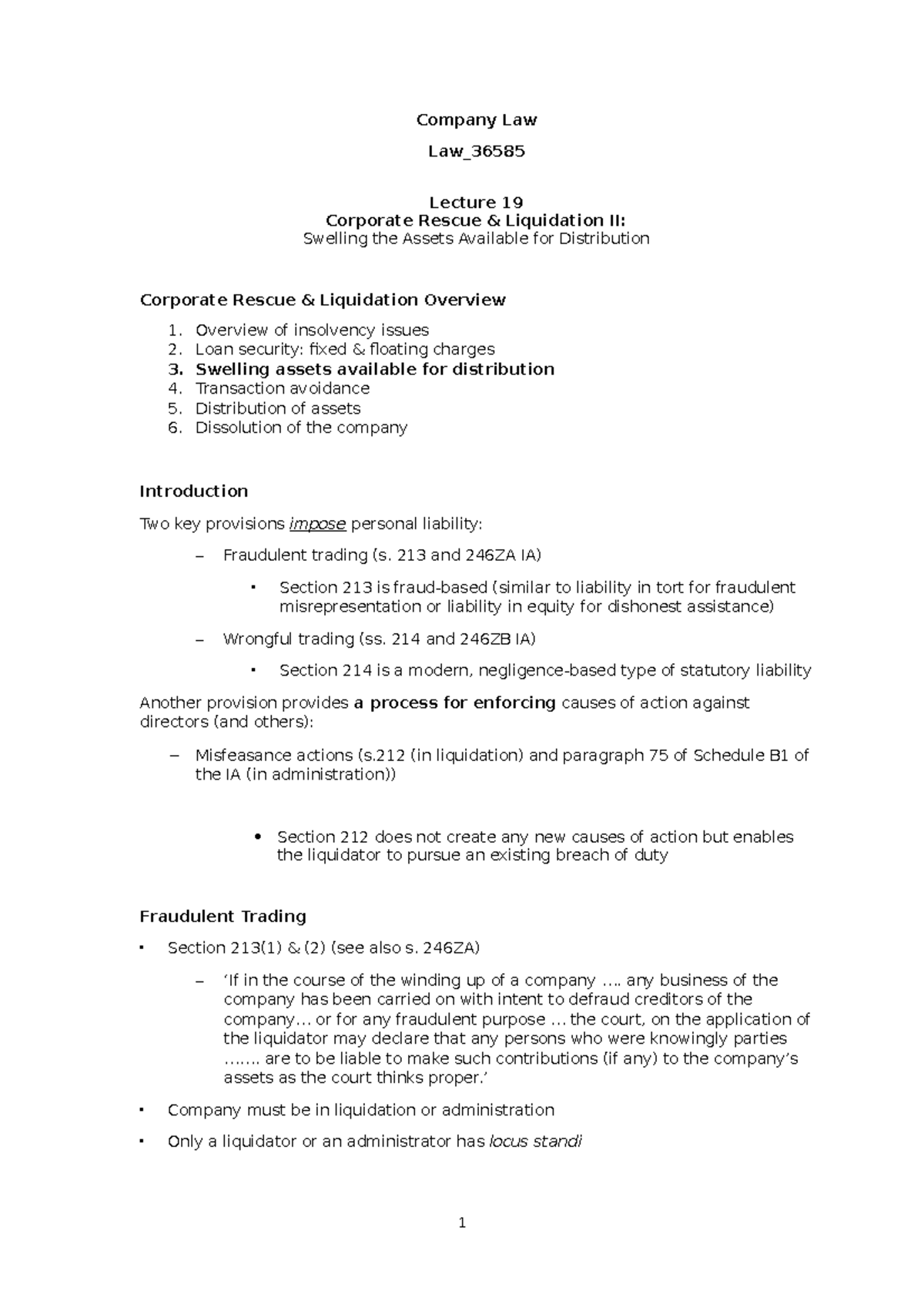Lecture 19 Corporate Rescue & Liquidation II outline - Company Law Law ...