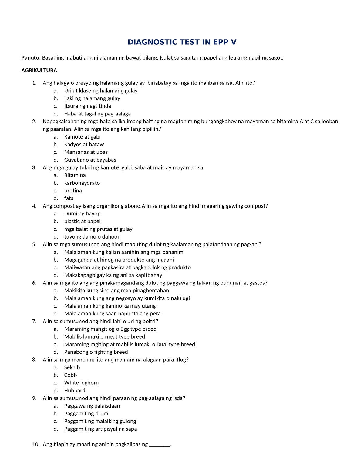 Pre Test Epp 5 Diagnostic Test In Epp V Panuto Basahing Mabuti Ang