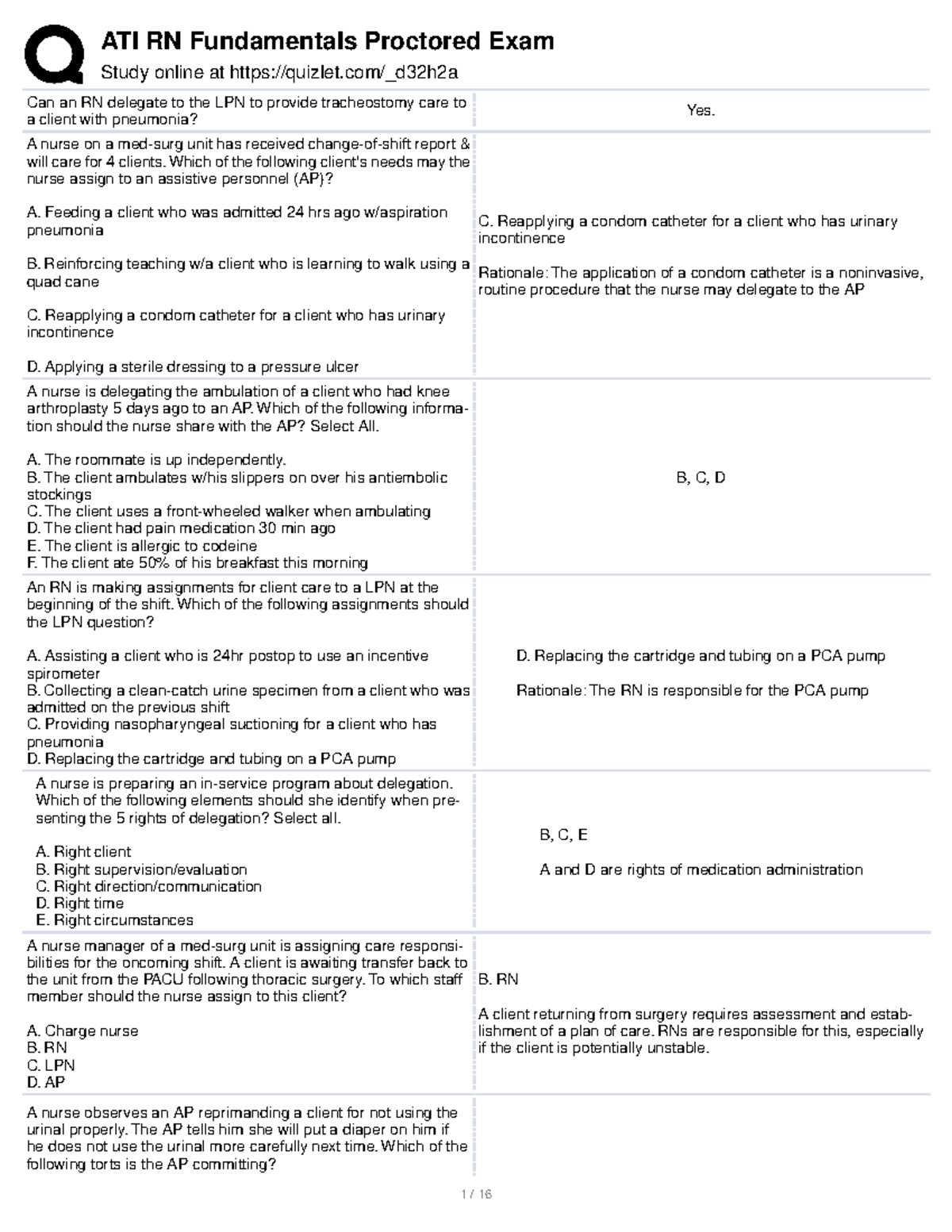 Nsg 4800 quizlet 2 Study online at quizlet/_d32h2a Can an RN delegate to the LPN to provide