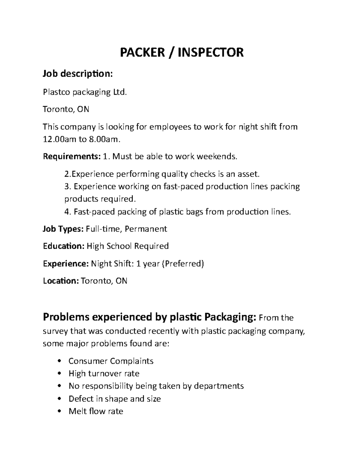 Sample/practice exam, questions and answers PACKER INSPECTOR Job description Plastco