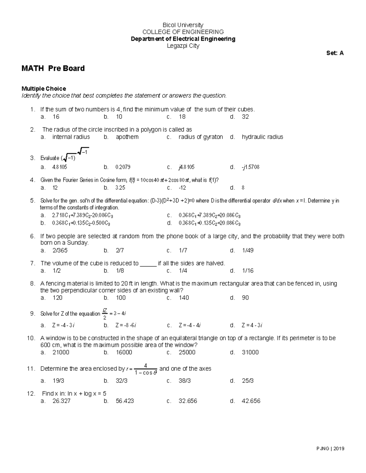 MATH- Preboard-2019 - Data - Bicol University COLLEGE OF ENGINEERING ...