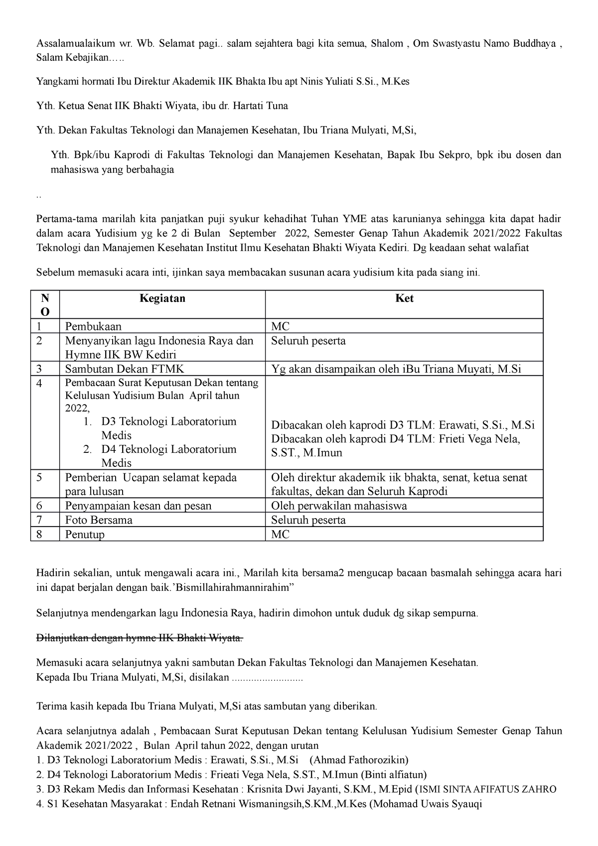 Naskah Mc Yudisium September 2022 Assalamualaikum Wr Wb Selamat Pagi Salam Sejahtera Bagi