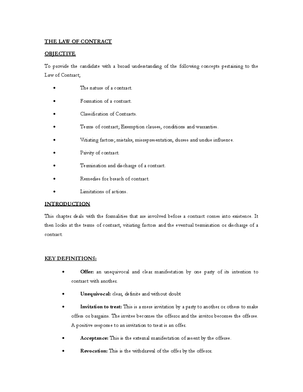 The Law Of Contract Notes The Law Of Contract Objective To Provide The Candidate With A Broad The Law Of Contract Notes The Law Of Contract Objective To Provide The Candidate With A Broad