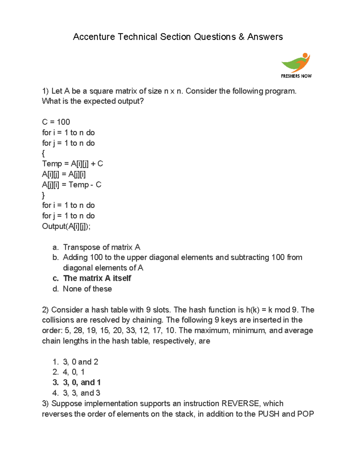Accenture Previous Year Question Paper - 1) Let A be a square matrix of ...