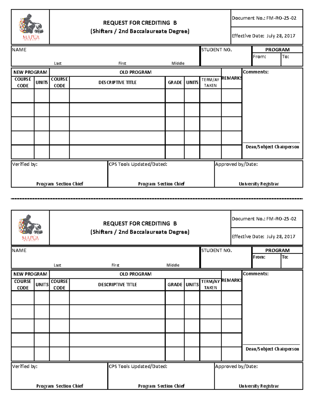 Crediting-form - Crediting form - NAME Comments ...