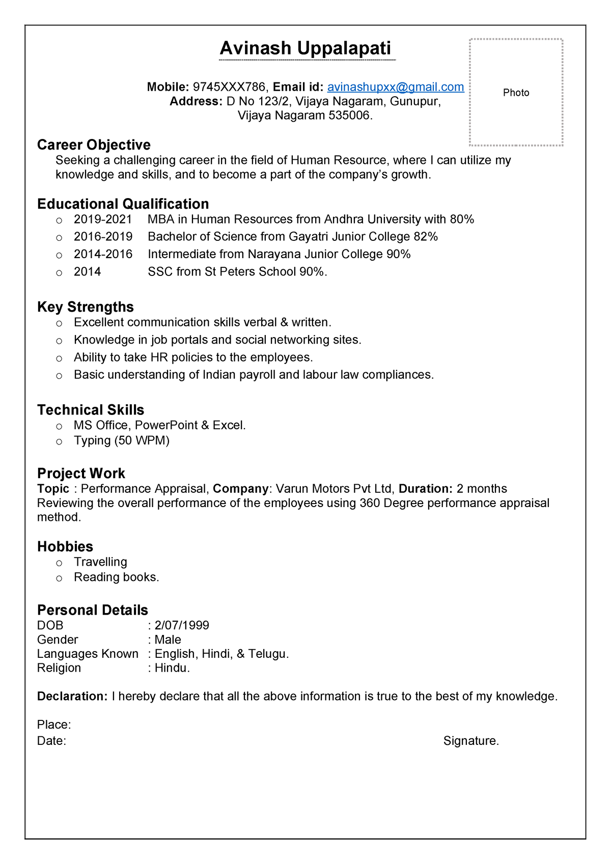 HR Fresher Resume 4 - SAMPLE - Avinash Uppalapati Mobile: 9745XXX786 ...