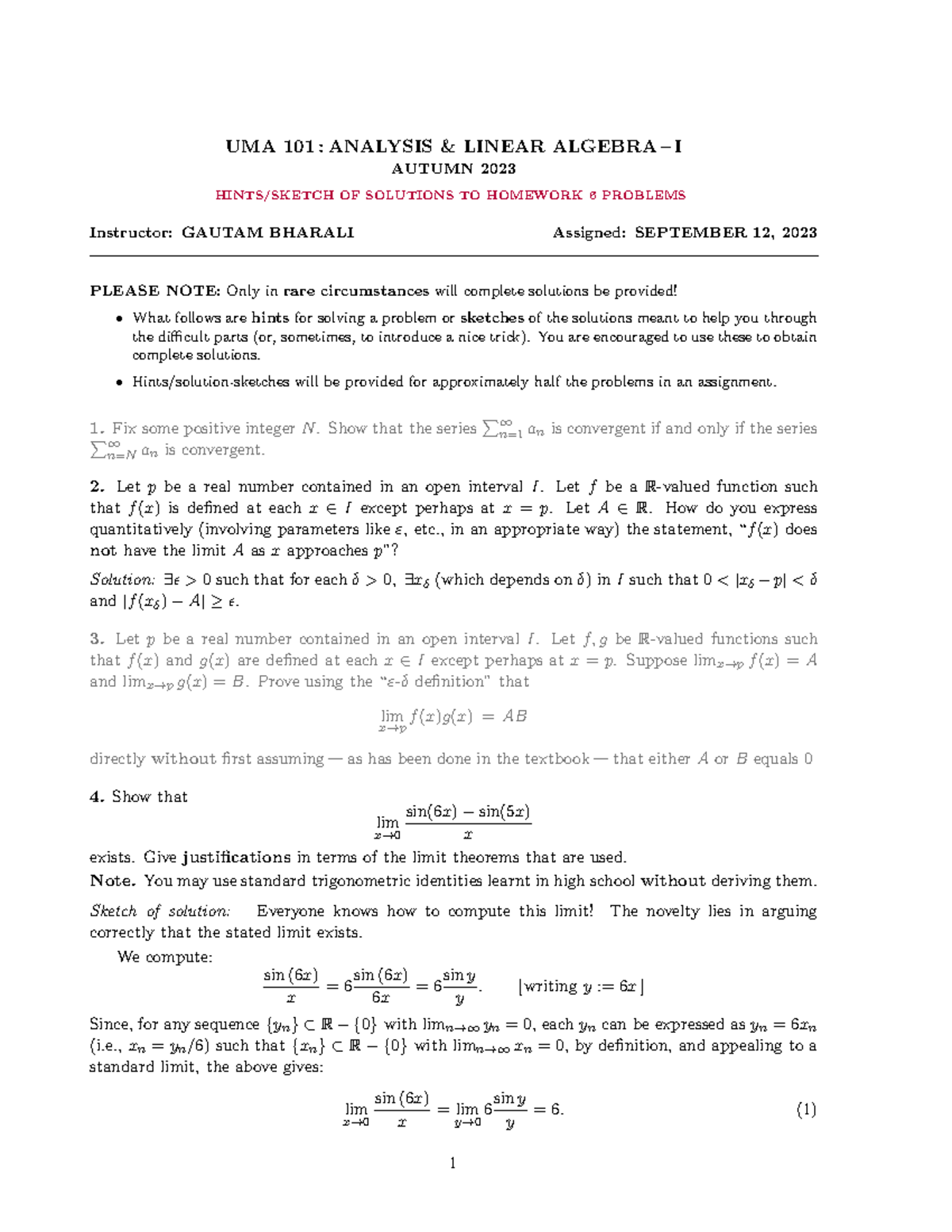 UMA101 HW6 solns - Very important Assignment - UMA 101 : ANALYSIS ...