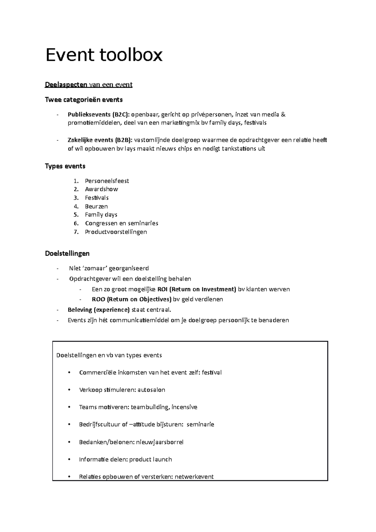 Event toolbox samenvatting - Event toolbox Deelaspecten van een event ...