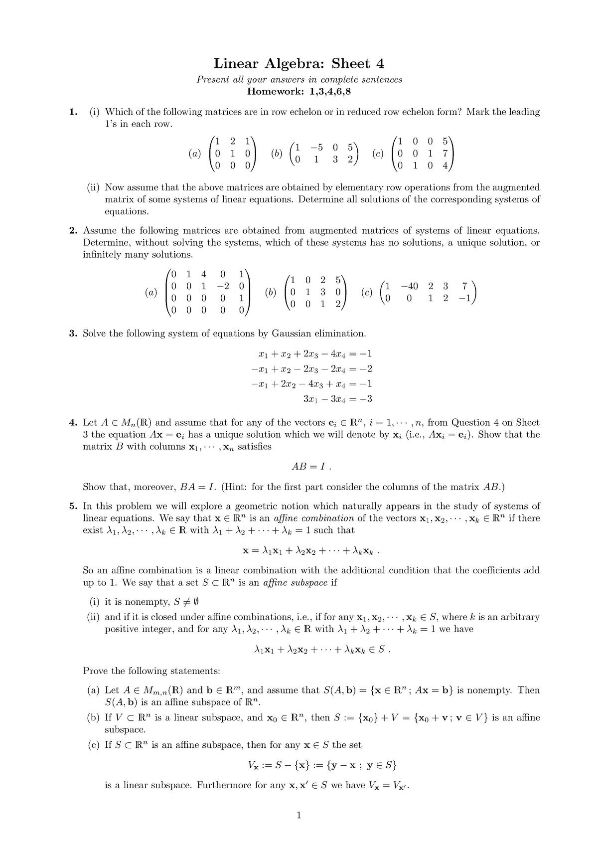 La Homework 4 Linear Algebra Problem Sheet Linear Algebra Sheet Present All Studocu