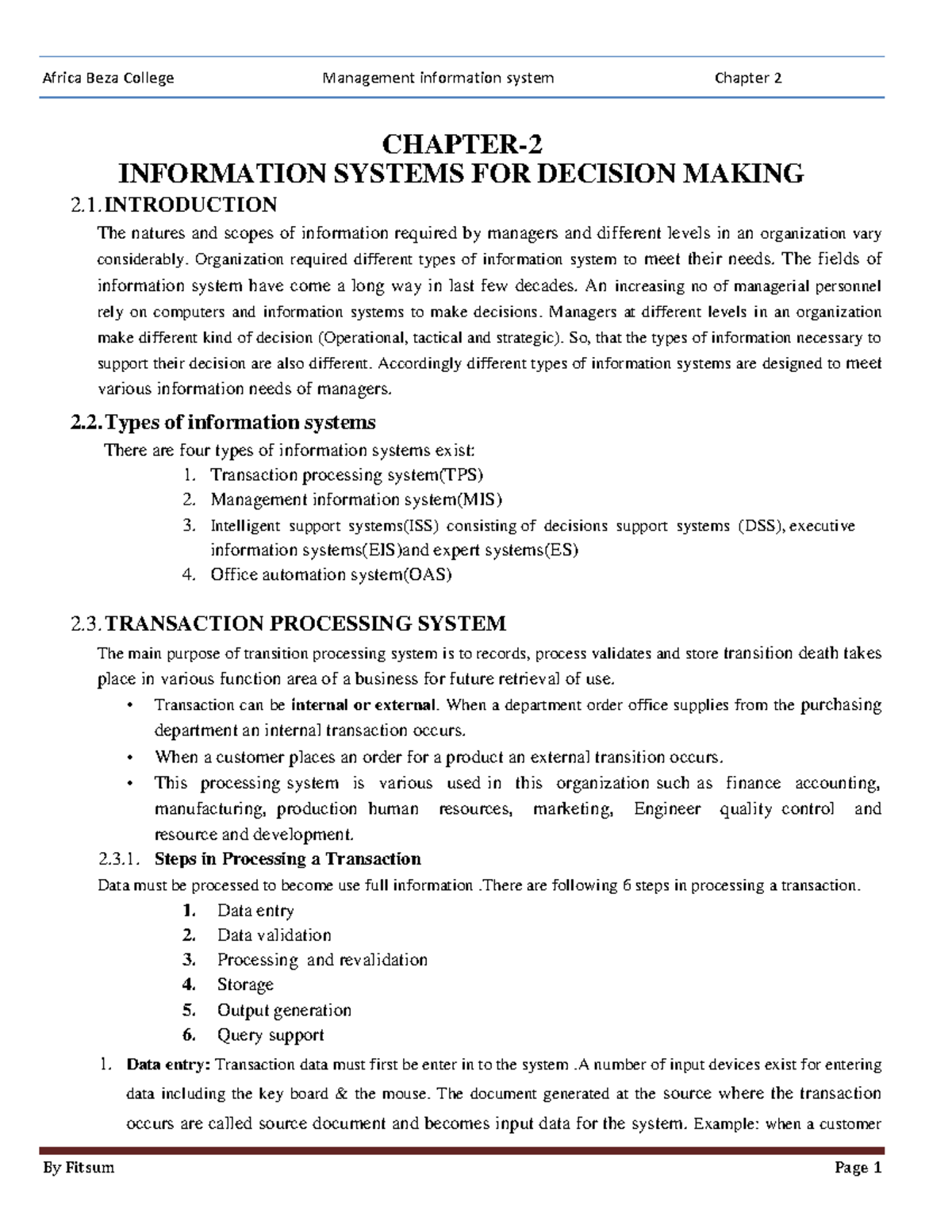 Chapter 2 - CHAPTER- INFORMATION SYSTEMS FOR DECISION MAKING 2 ...